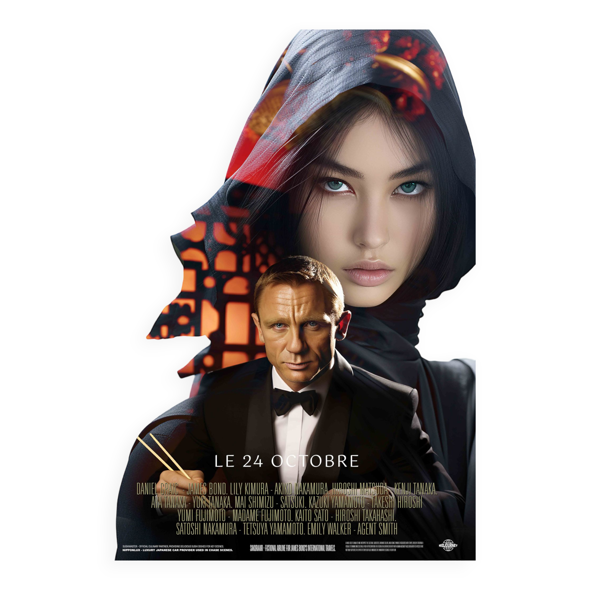 Parodic 50x70cm James Bond poster generated by AI, composed by the gallery.