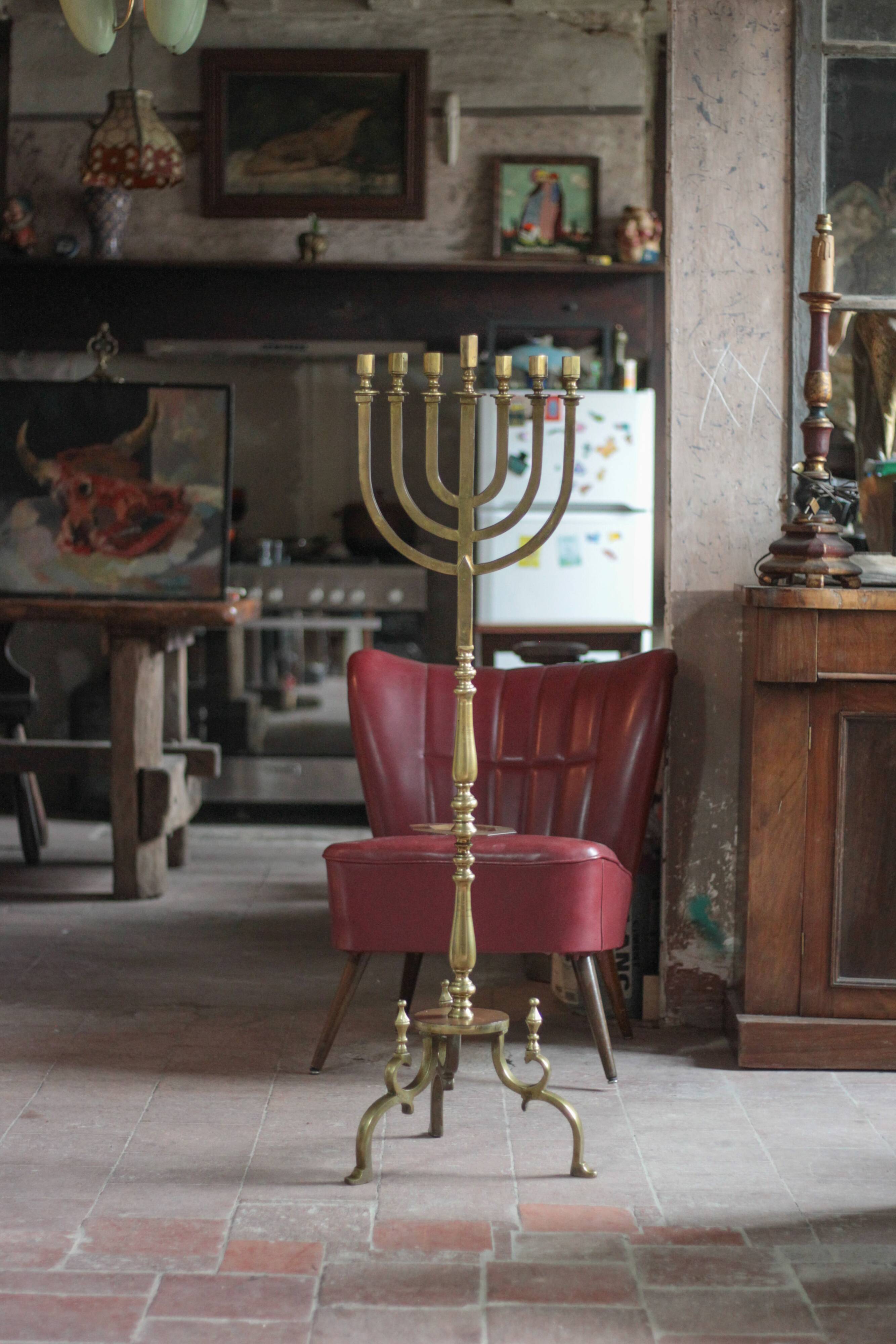 Golden bronze chandelier with seven arms, Menorah, candlestick on a stand, candelabrum.