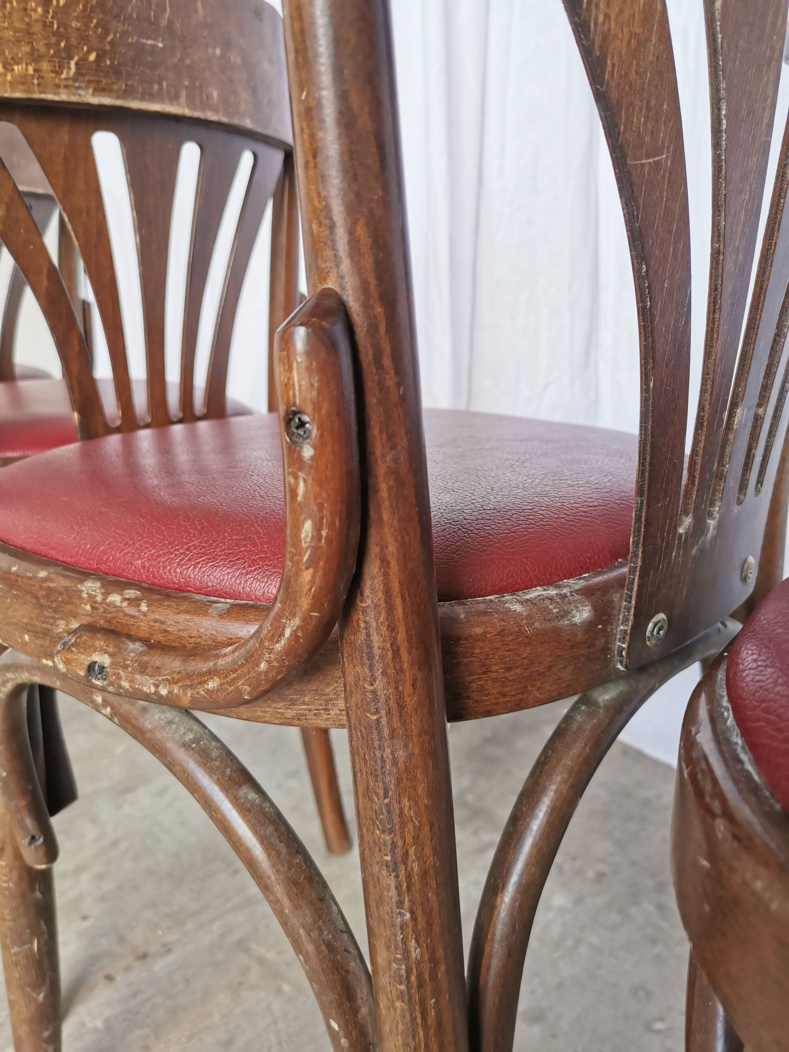 Vintage Bentwood Dining Chairs - Thonet Style - Red Faux Leather - Set of 4