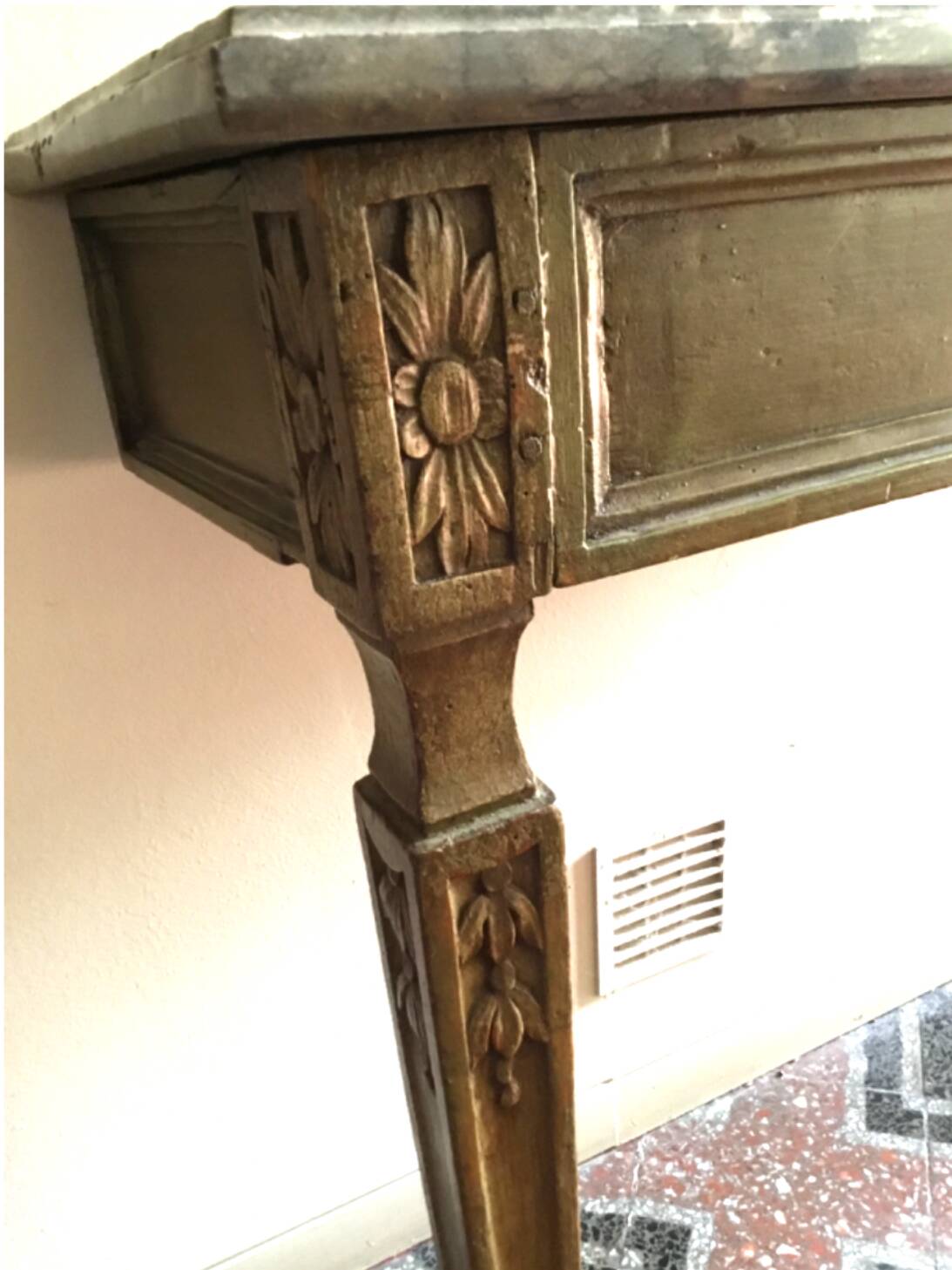 Louis XVI style lacquered wood console with marble top. Antique work