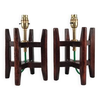 Pair of late 19th century antique japanese wooden itomaki silk spool table lamps