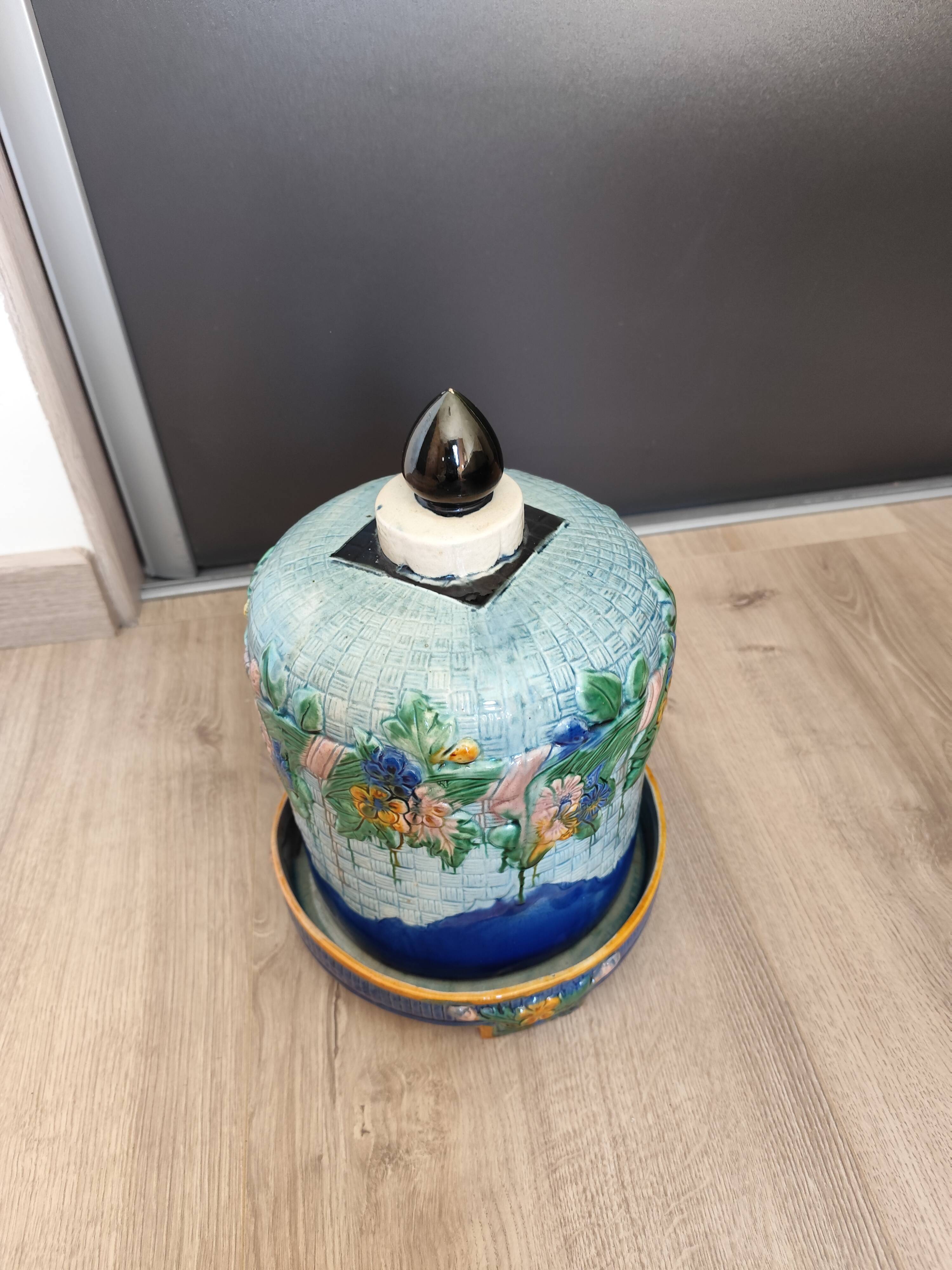 Antique Victorian Art Majolica Earthenware Cheese Cover with Dish