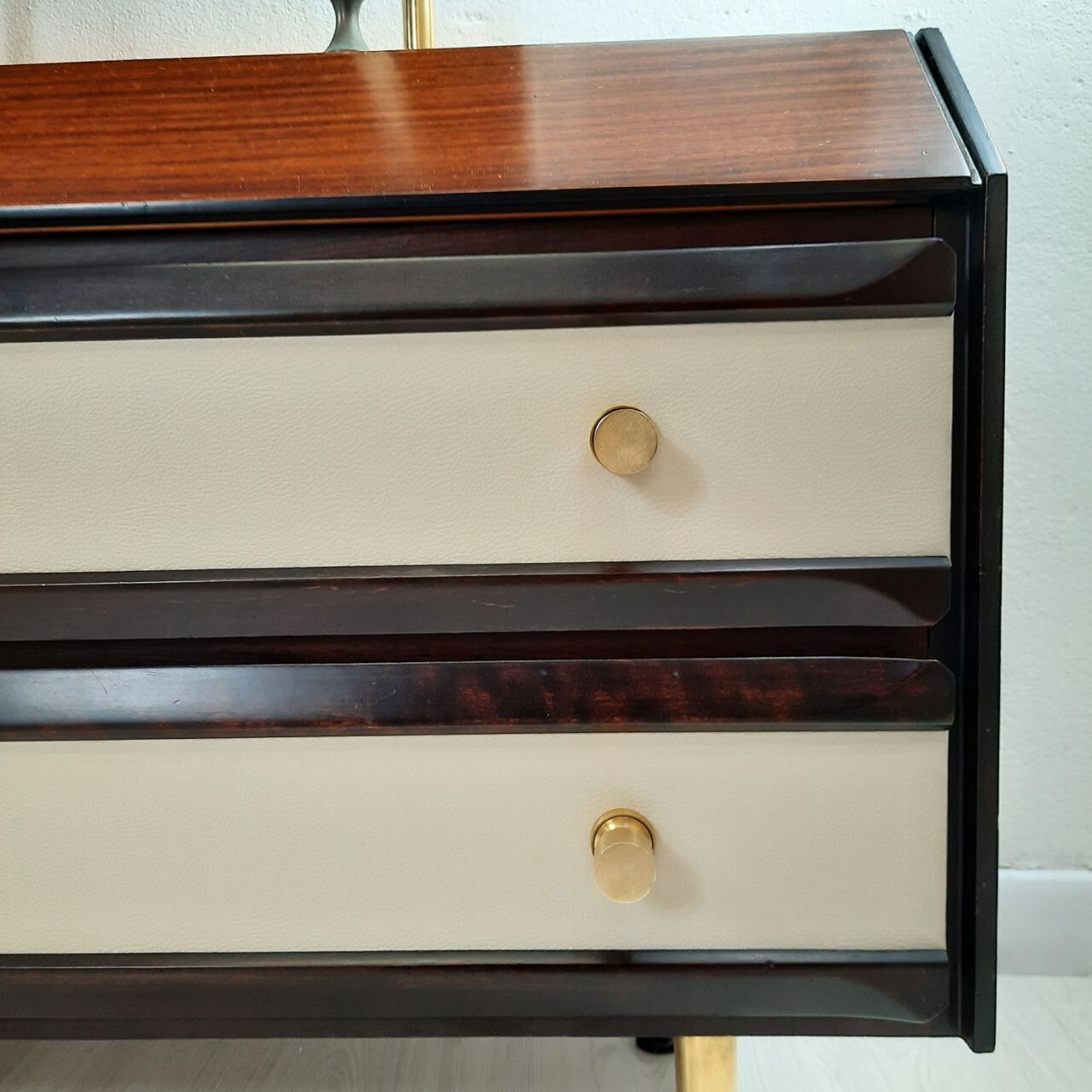 Dresser / chest of drawers and bedside tables - 1960s - faux leather brass