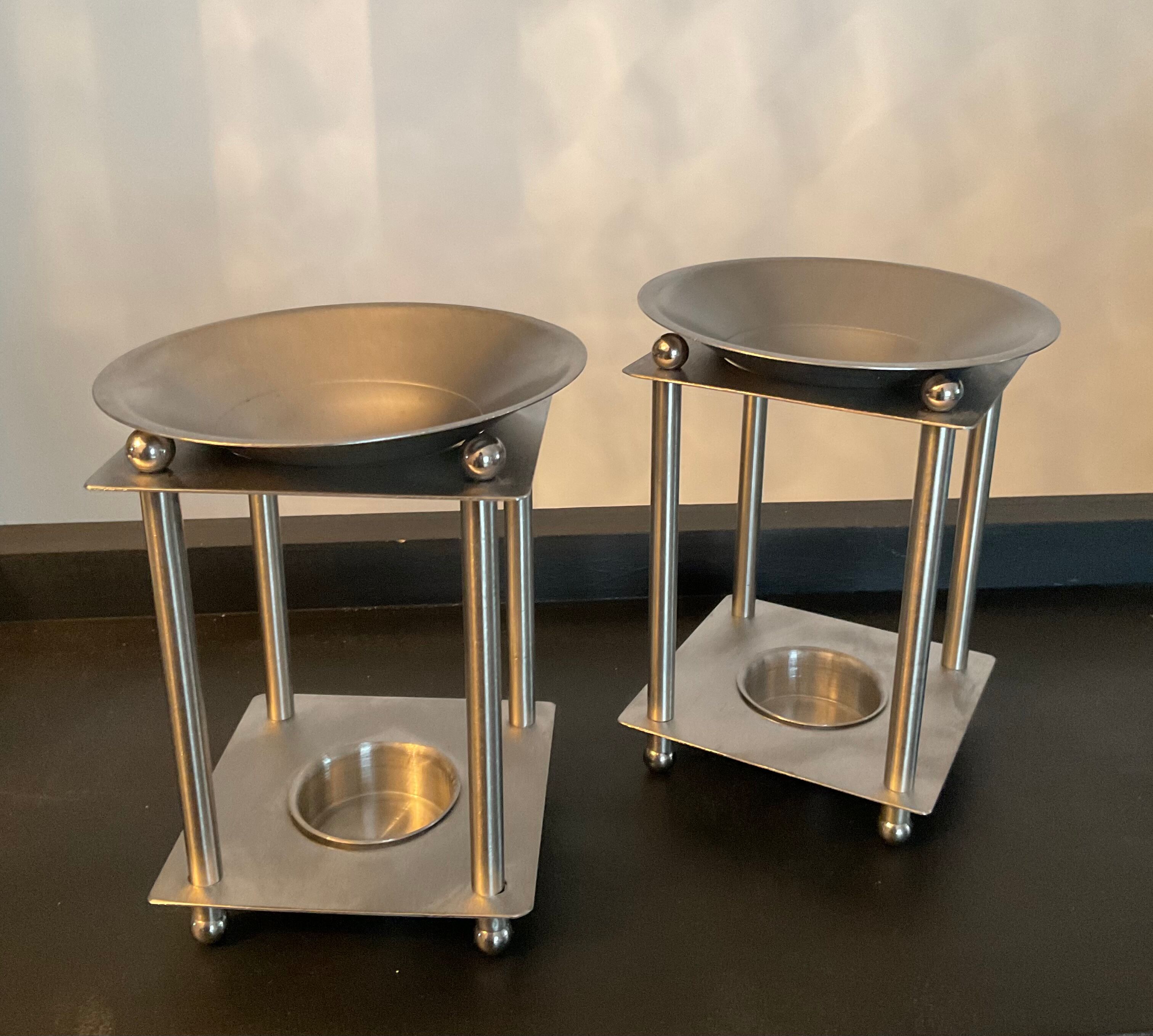 Pair of candlesticks/burner modernist perfume in chromed metal