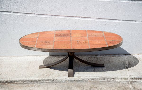 Table basse Jean Jaffeux, en pierre de lave émaillée avec structure en fer forgé, 60's