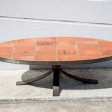 Jean Jaffeux coffee table, glazed lava stone table with wrought iron structure, 60's