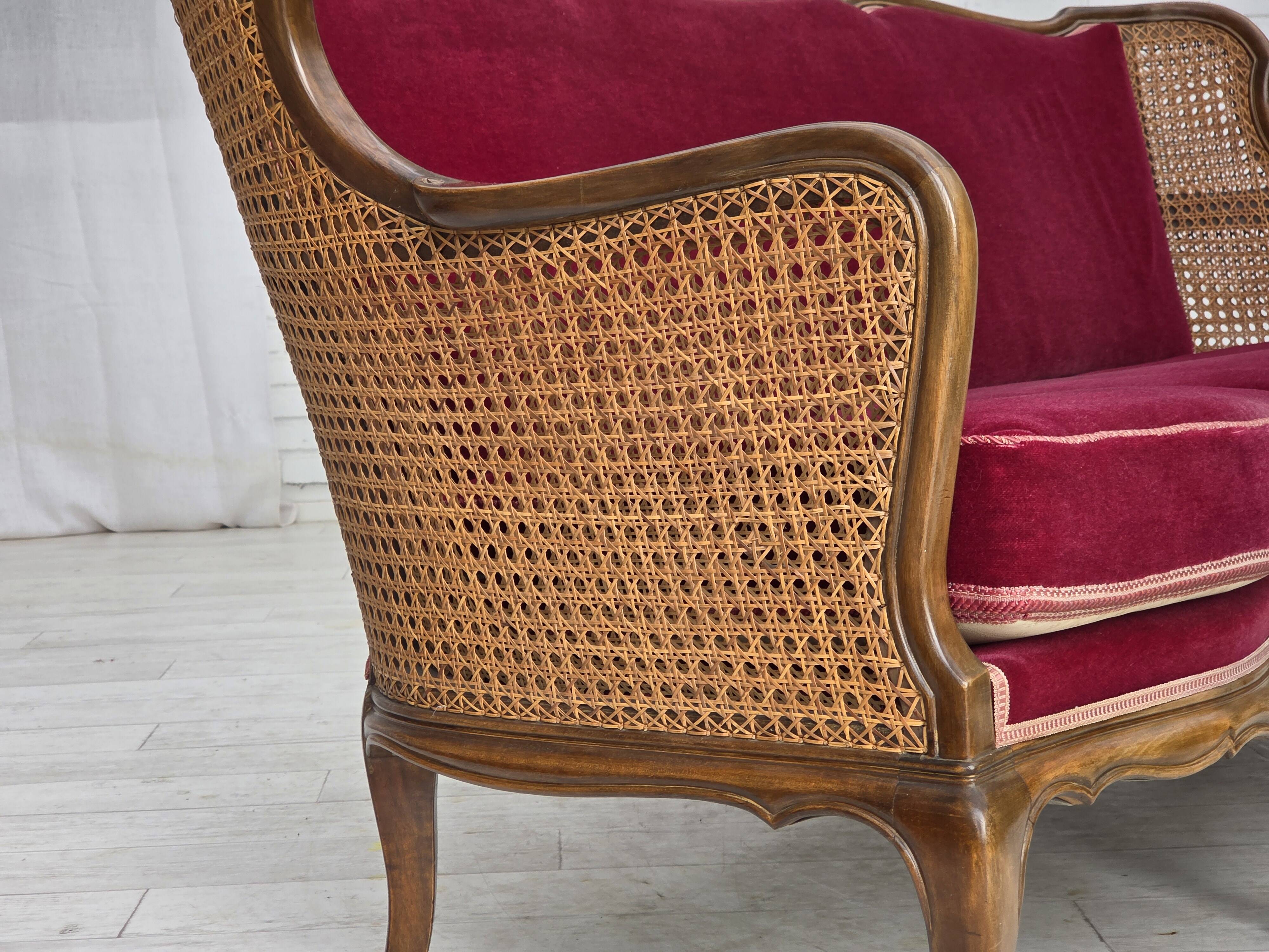 1950s, Danish 3-seater sofa, furniture velour, ash wood, mesh.