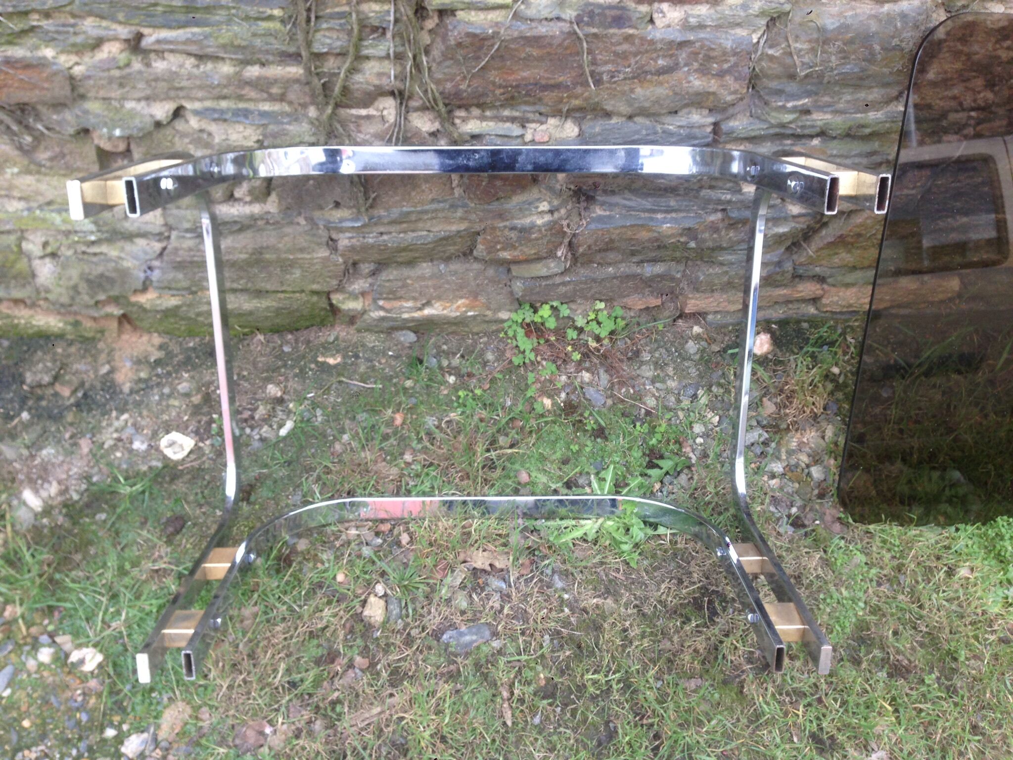 1970 chrome-shaped smoky glass coffee table