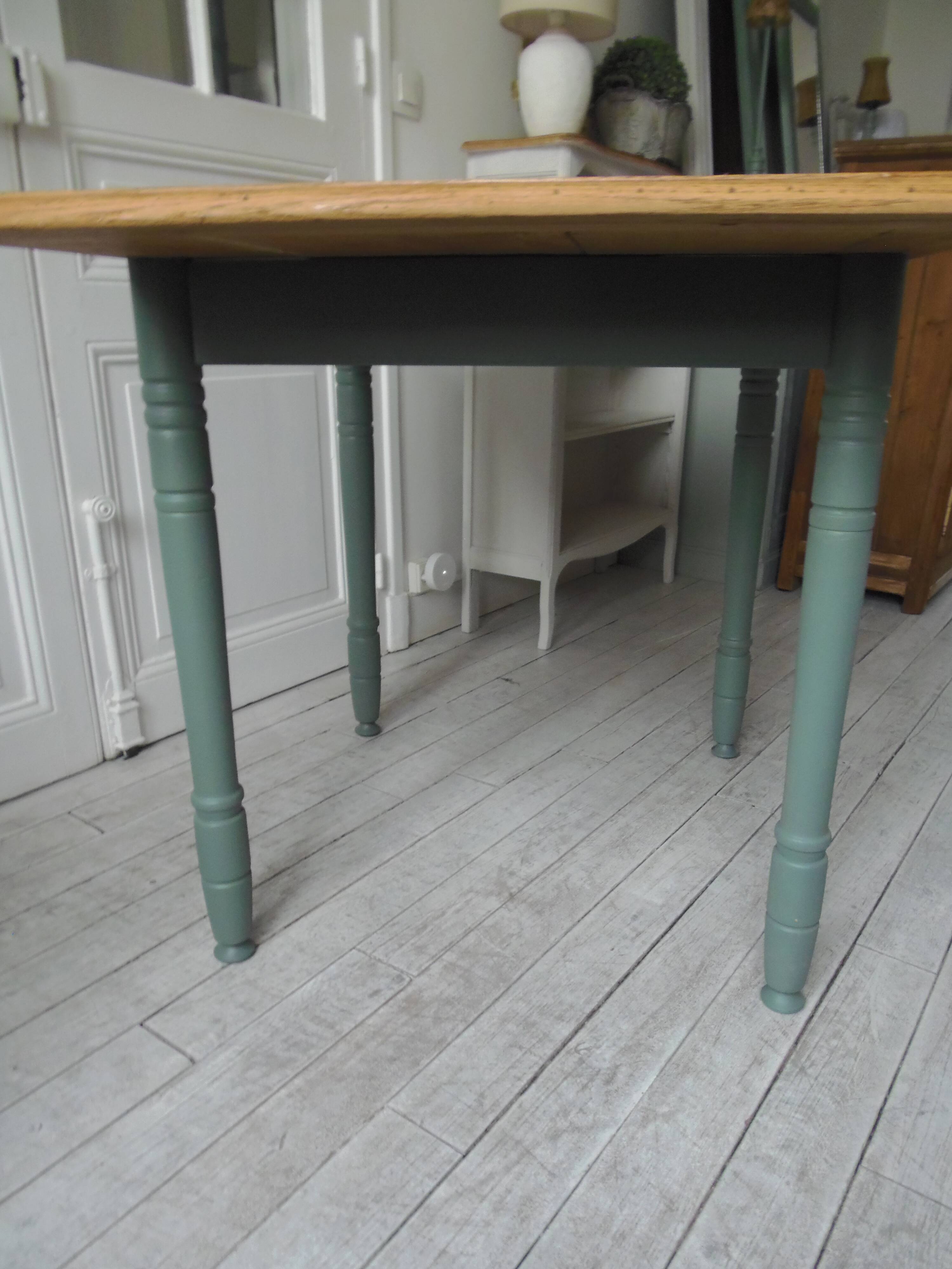 Table, vintage desk with smoked green legs, oak top.