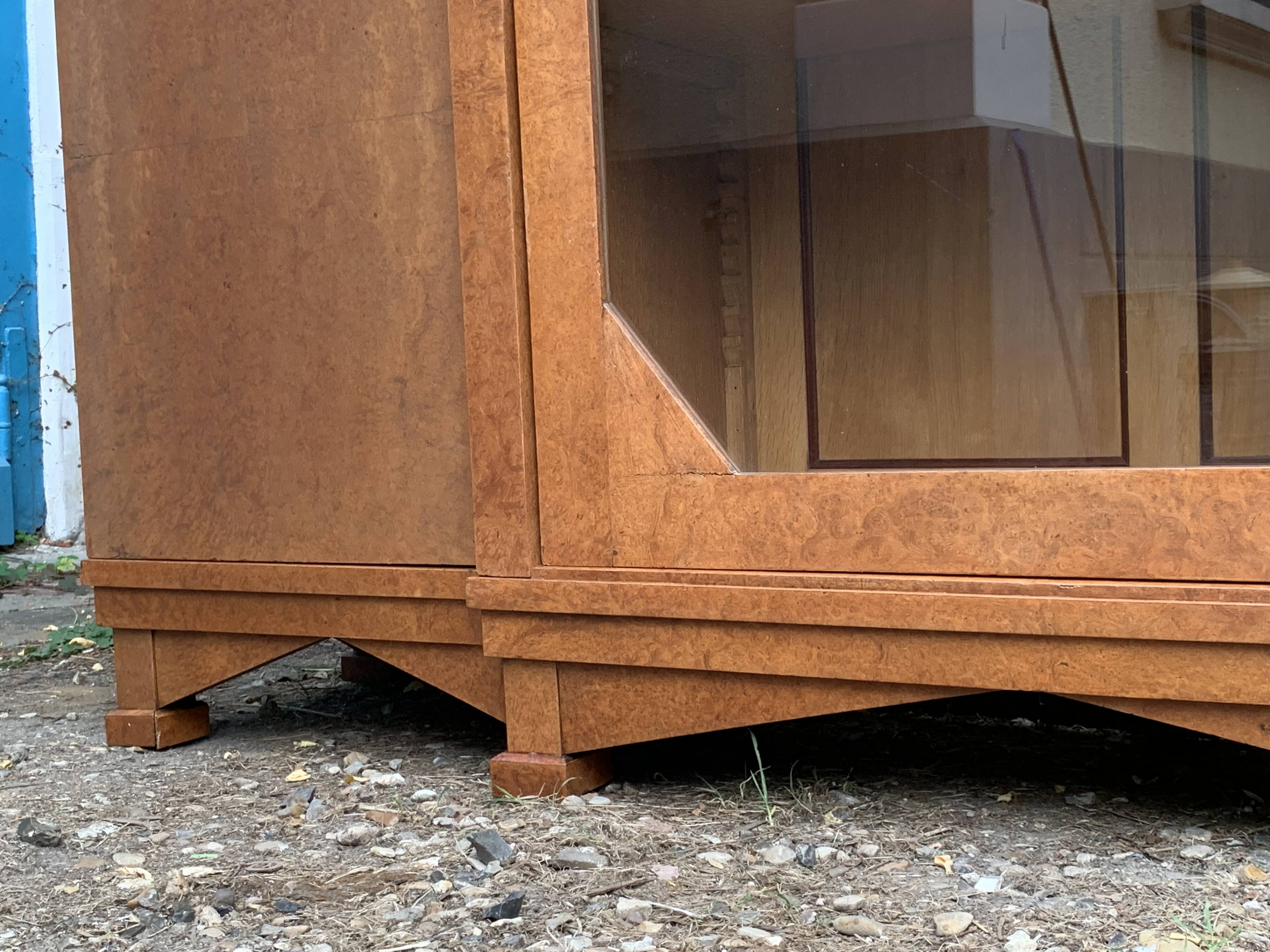 Art deco glass china cabinet in burr walnut 1930