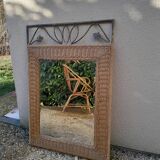Miroir en rotin et fer forgé vintage