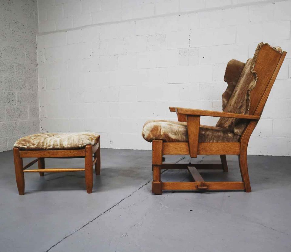 Brutalist oak lounge chair and ottoman