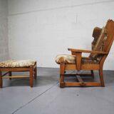 Brutalist oak lounge chair and ottoman