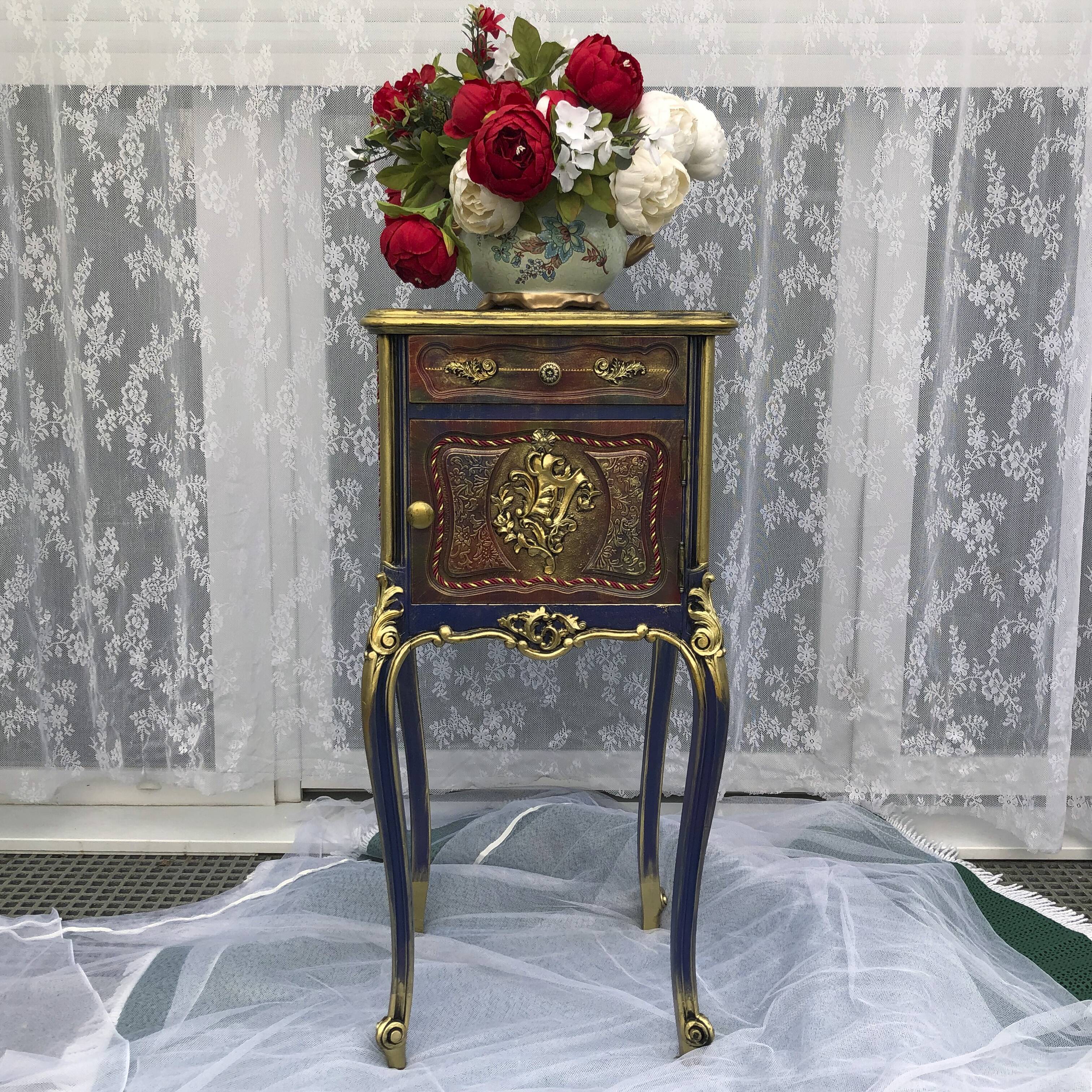 Classic revamped furniture – decorative blue and gold bedside table