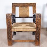 Neo-Basque sculpted armchairs in straw and oak, 1940s, set of 3