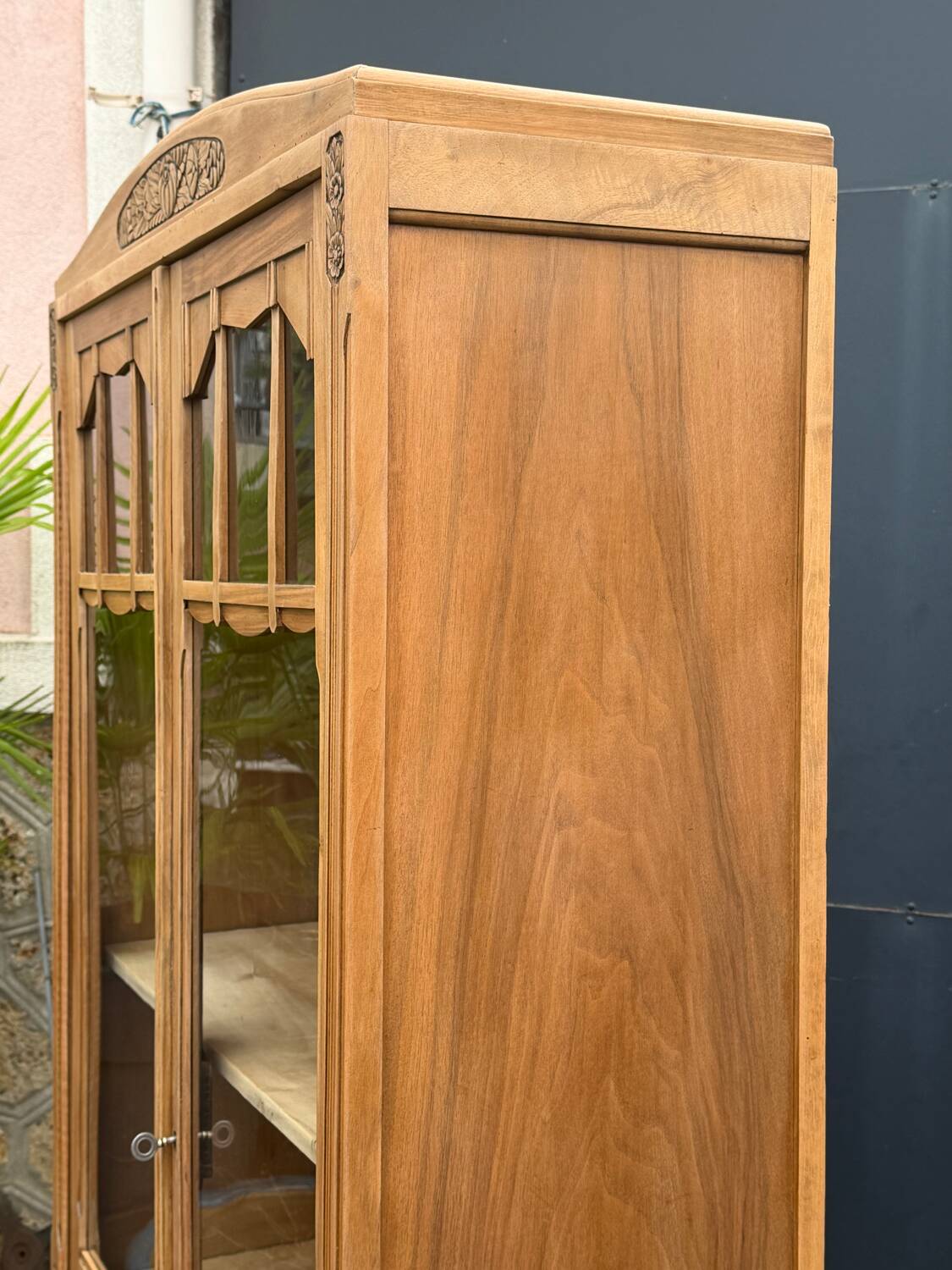Parisian glass-fronted Art Deco wardrobe in solid raw walnut.