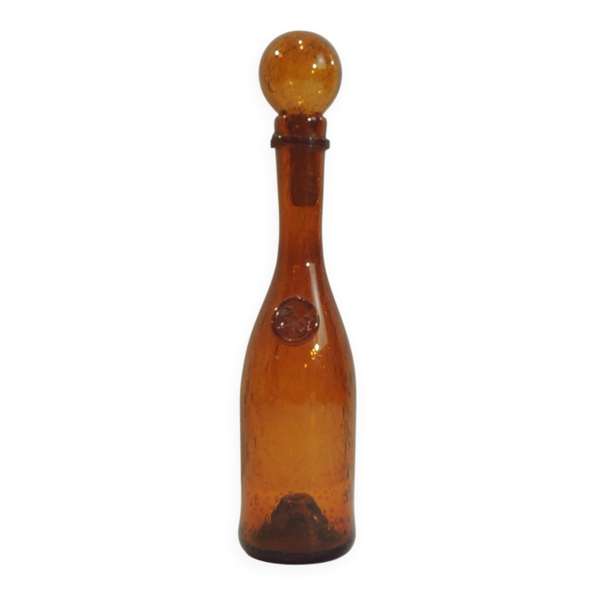 Amber bottle in bubbled blown glass, signed Biot – France, vintage 1970s