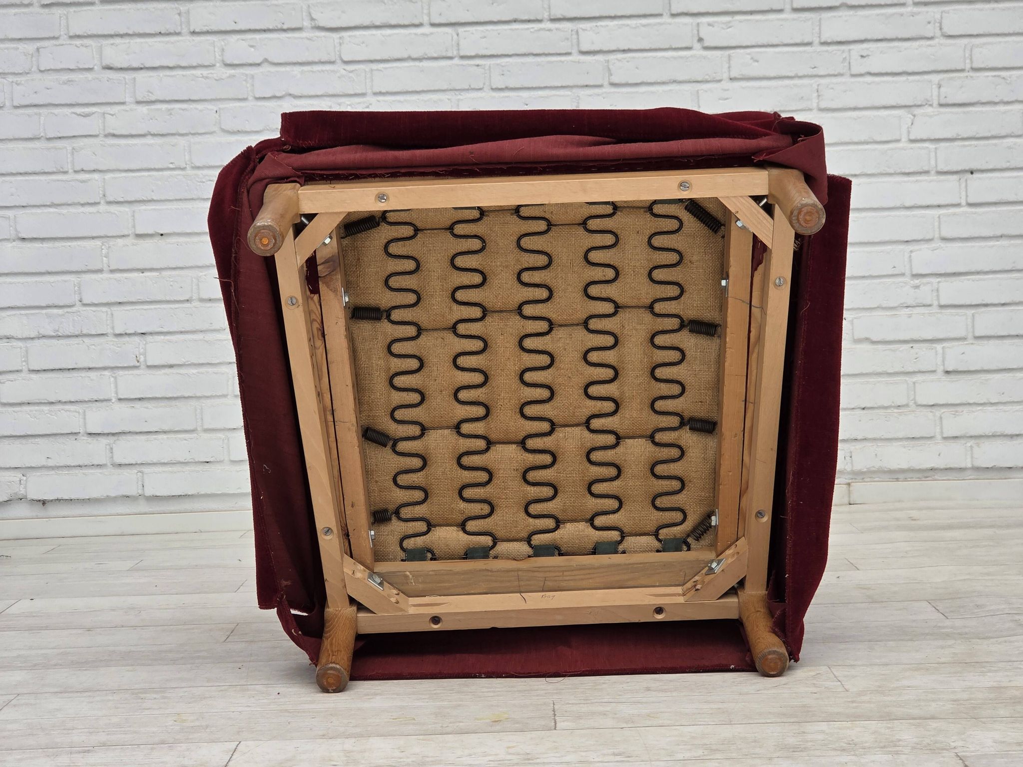 1970s, Danish highback chair, cherry-red furniture velour, ash wood legs.