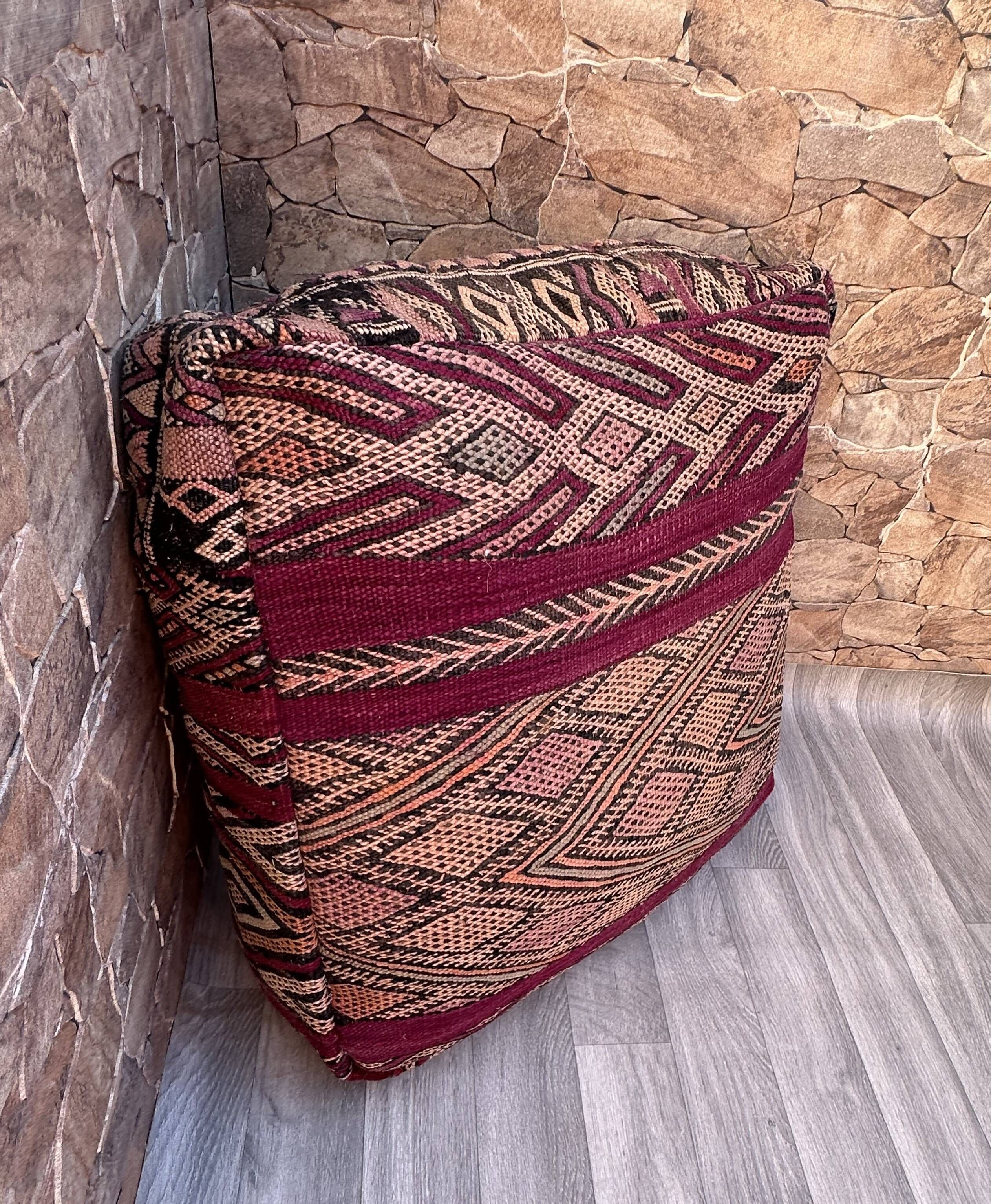 Outdoor Kilim Pouf - Moroccan Throw Pouf - Berber Ottoman Pouf - Oriental Pillow