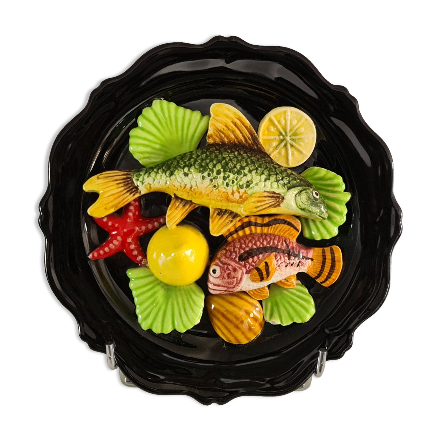 Wall plate signed Vallauris ceramic trompe-l'oeil / seafood / 1950 / French riviera