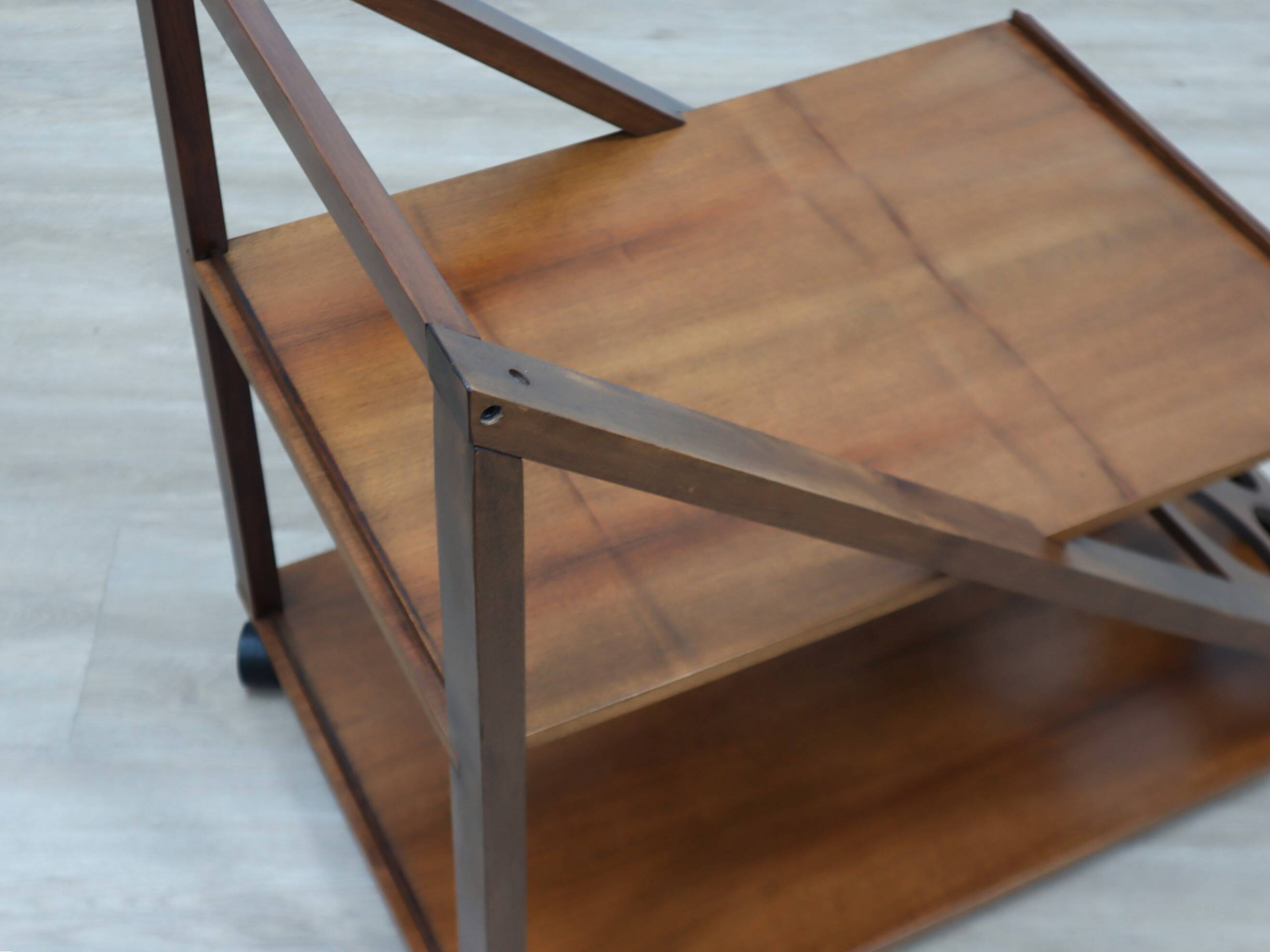 Vintage geometric walnut wood bar cart 1970s