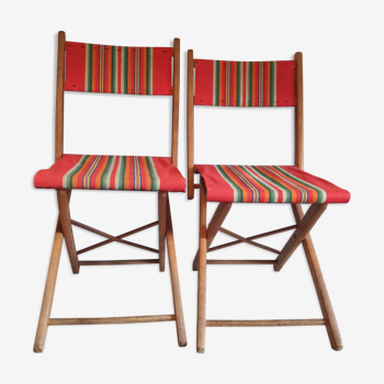 Chaises pliantes vintage en bois et tissu basque