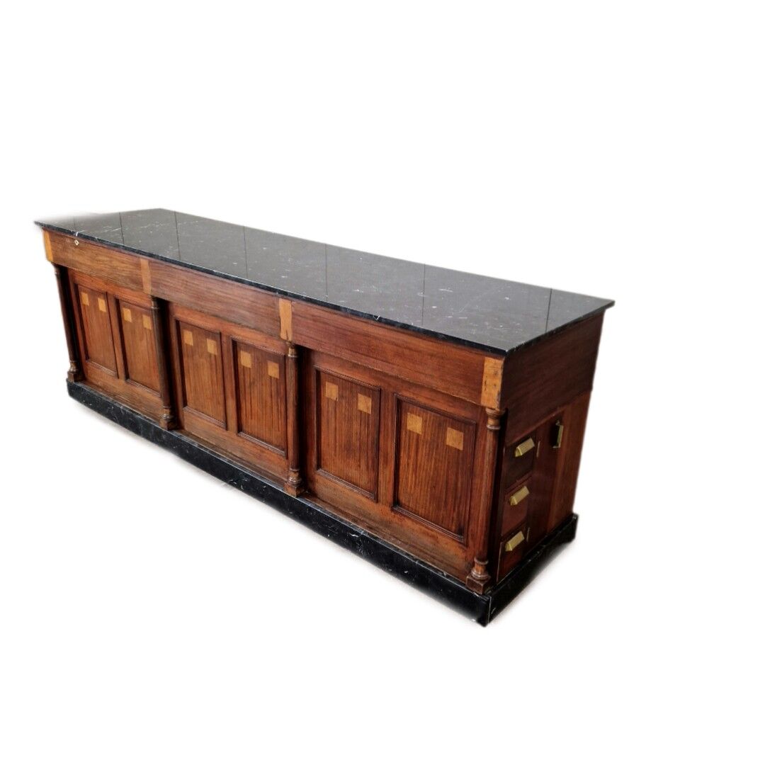 Grand comptoir de pharmacie Art Déco en acajou et marbre, 1909