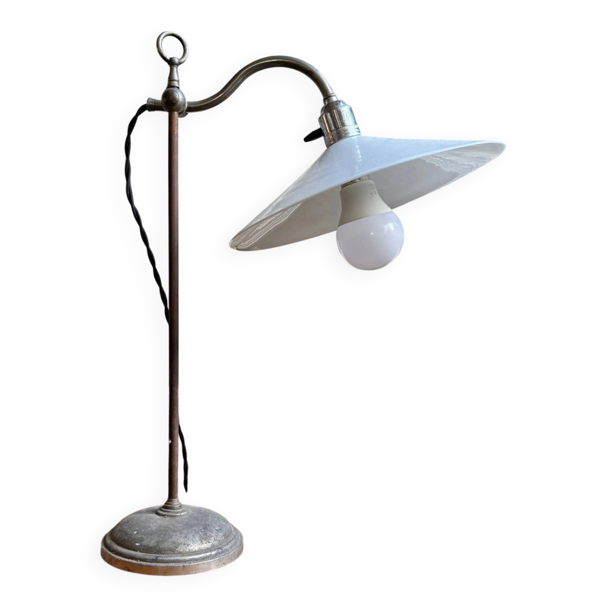 Lampe col de cygne en métal et opaline blanche