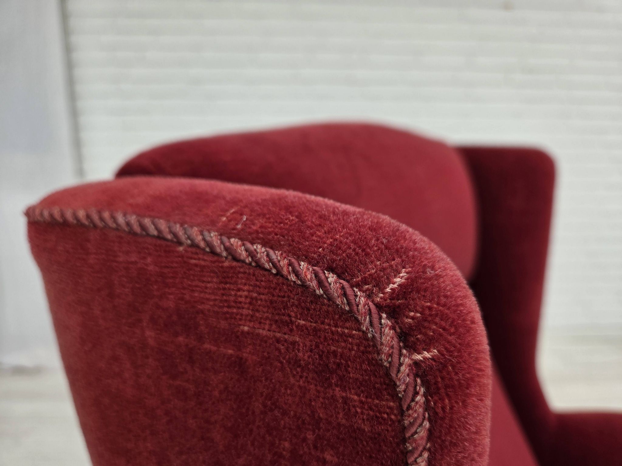 1970s, Danish highback chair, cherry-red furniture velour, ash wood legs.
