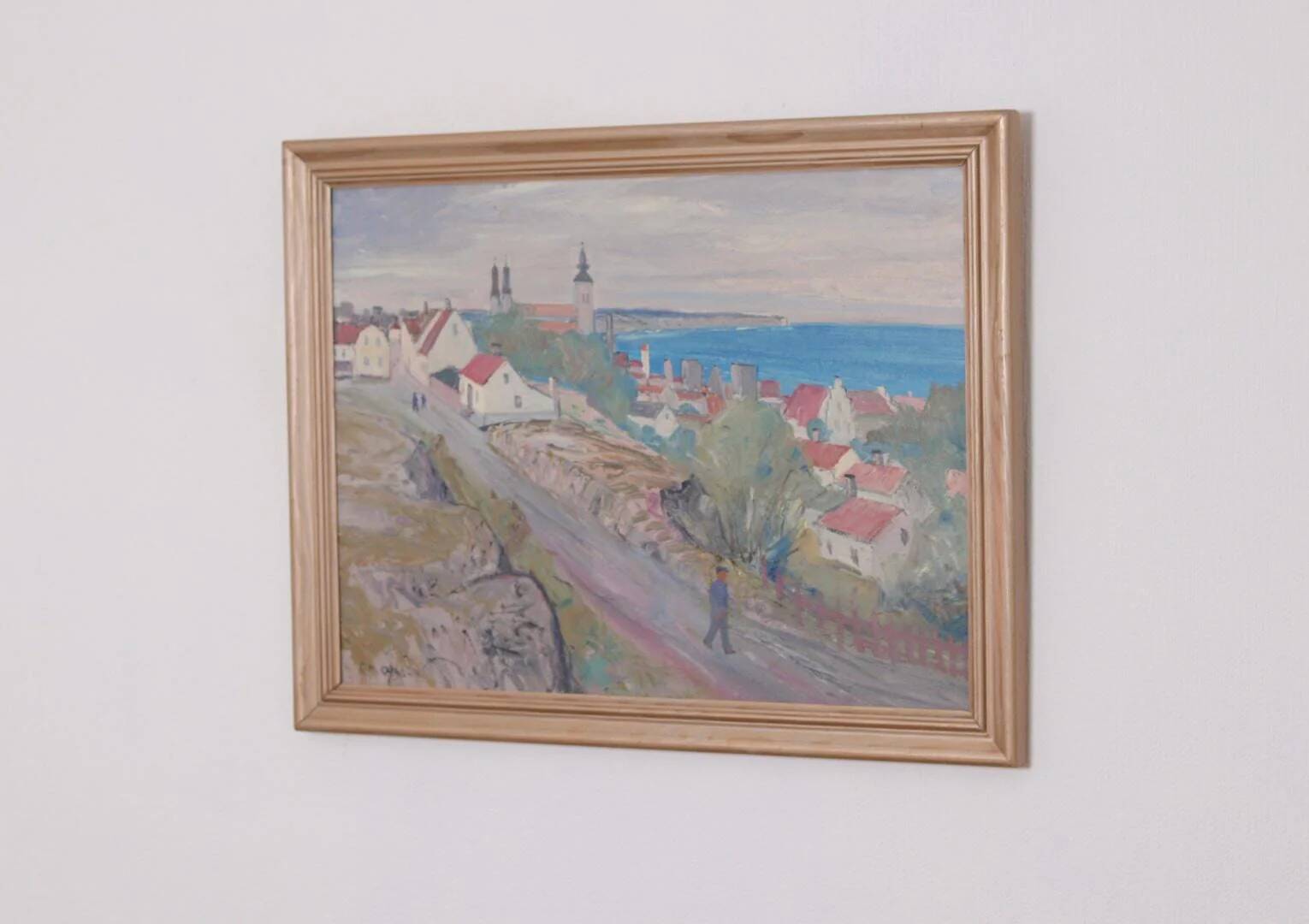 Original Swedish Oil on Panel – “Village Scene II” by E. R. Olsson – Signed