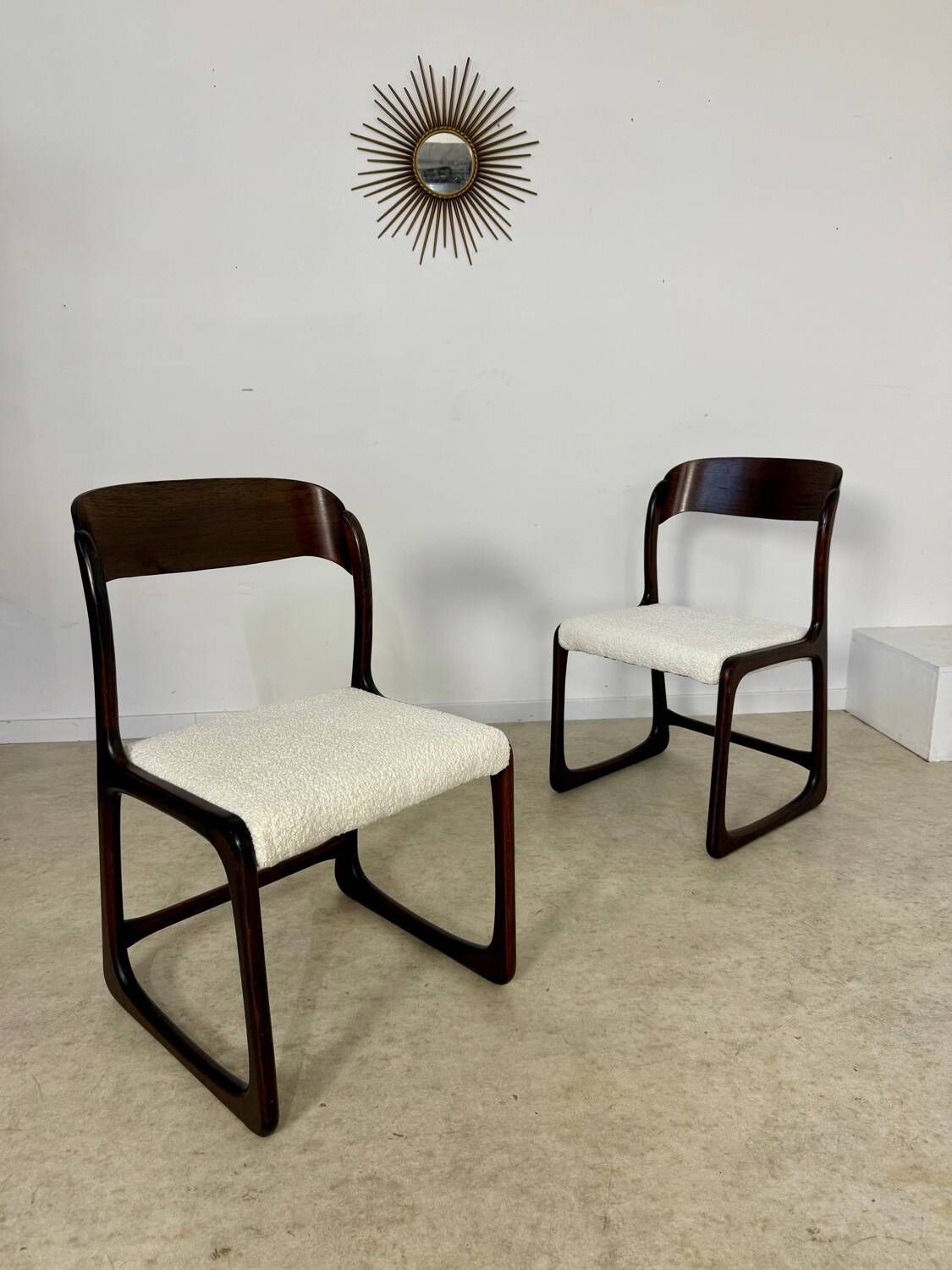 Set of 2 Baumann sled chairs in wood and terry fabric, 60s design