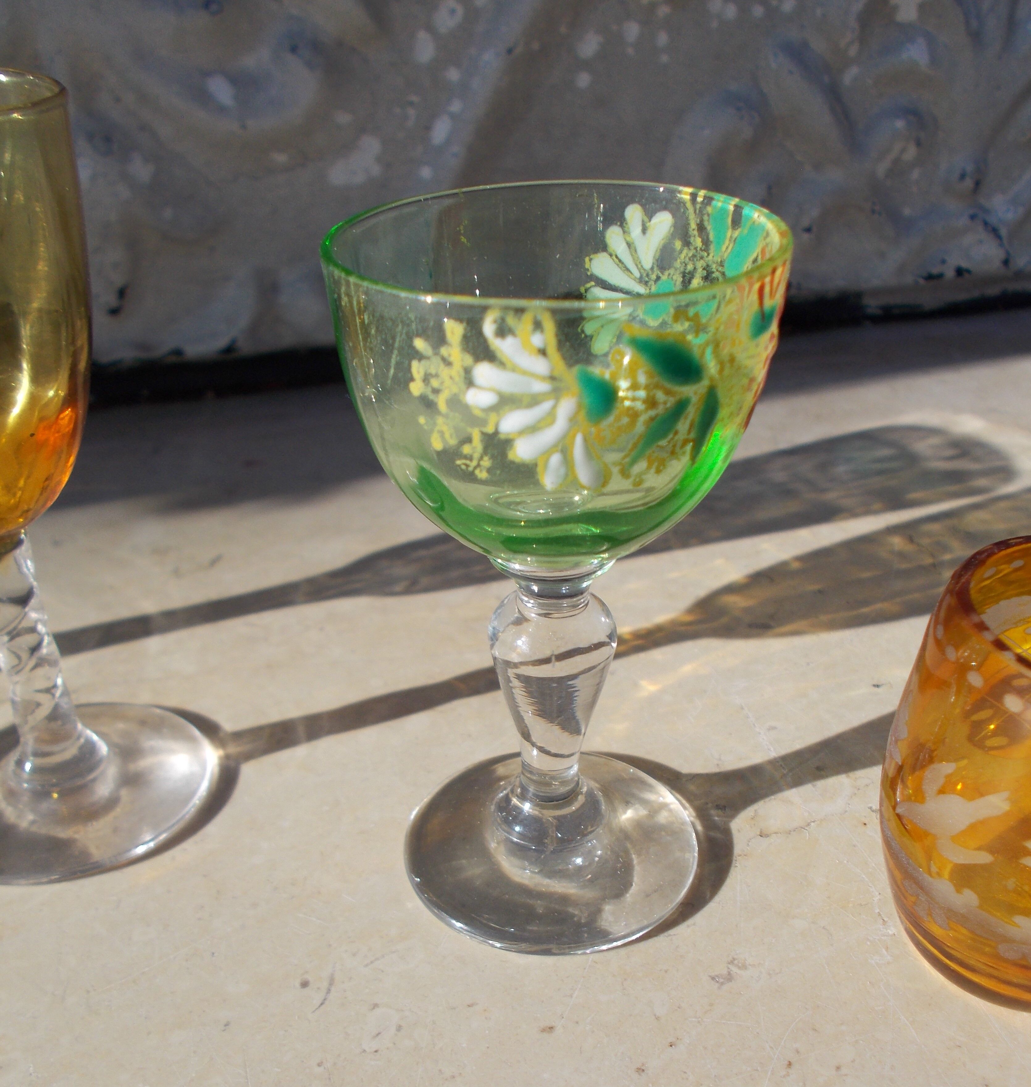 4 old enamelled liqueur glasses