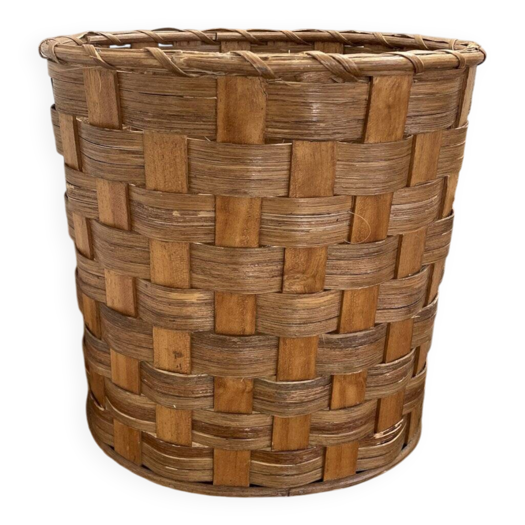 Oval wicker and wood woven wastepaper basket