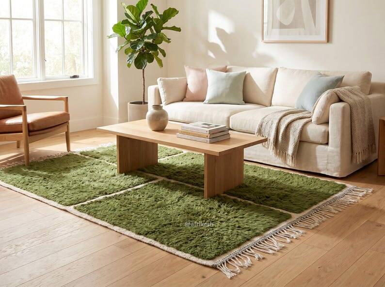 Handmade traditional Moroccan rug green 2/3 m
