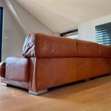 Vintage 3-seater sofa Gérard Guermonprez fawn and stainless steel leather, France 1970