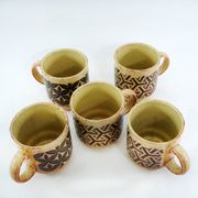 5 beige and fawn stoneware mugs - brown geometric decor - made in England - vintage 70s