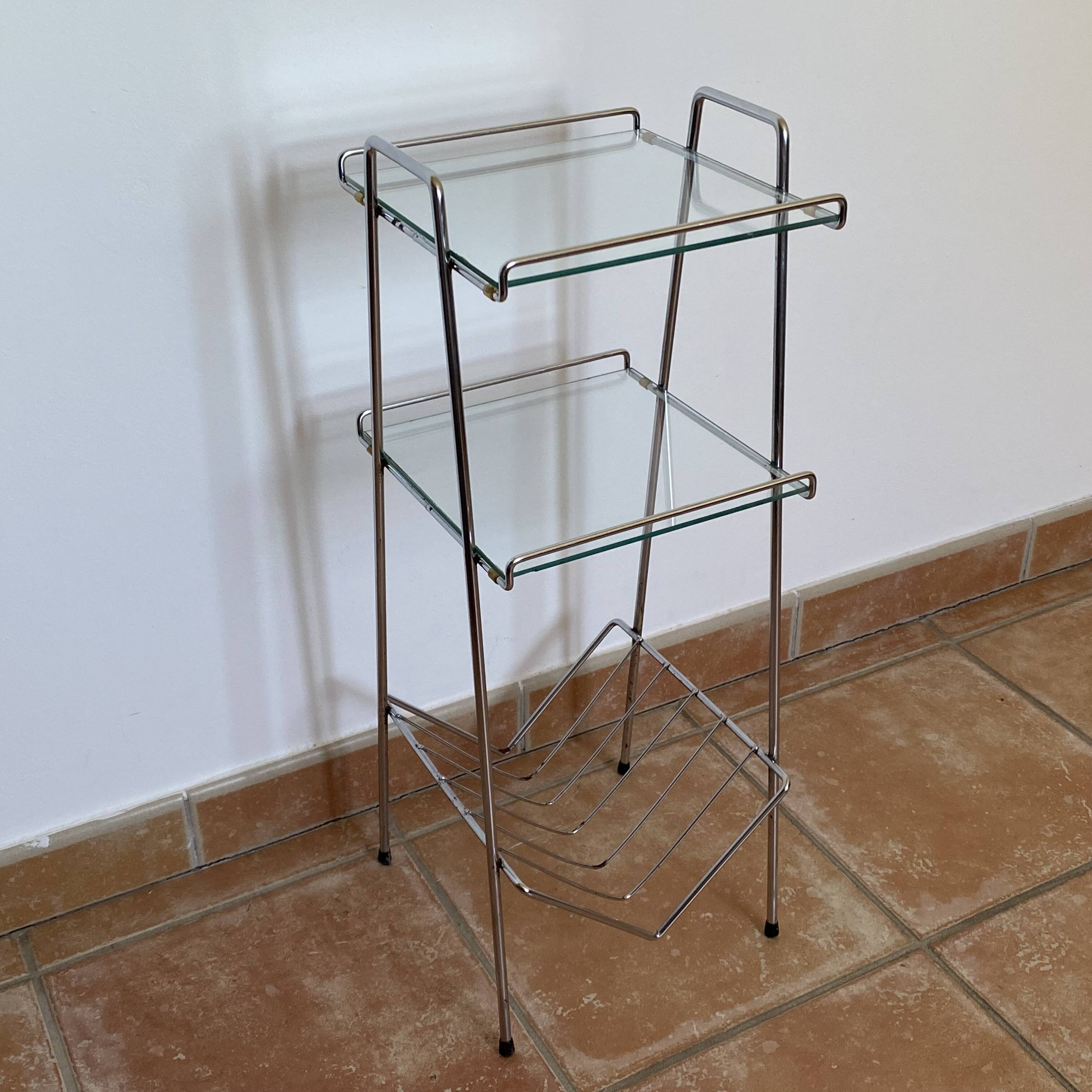 Chrome and glass side table. 1970s. Space Age.