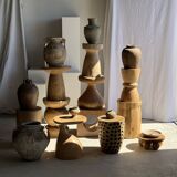 Stool, side table, cylindrical solid mango wood end table.