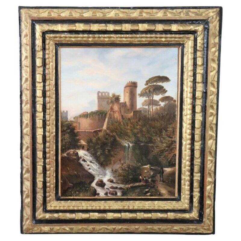 Landscape With A Castle, Oil On Canvas, Signed M.g., Italy, 18th Century