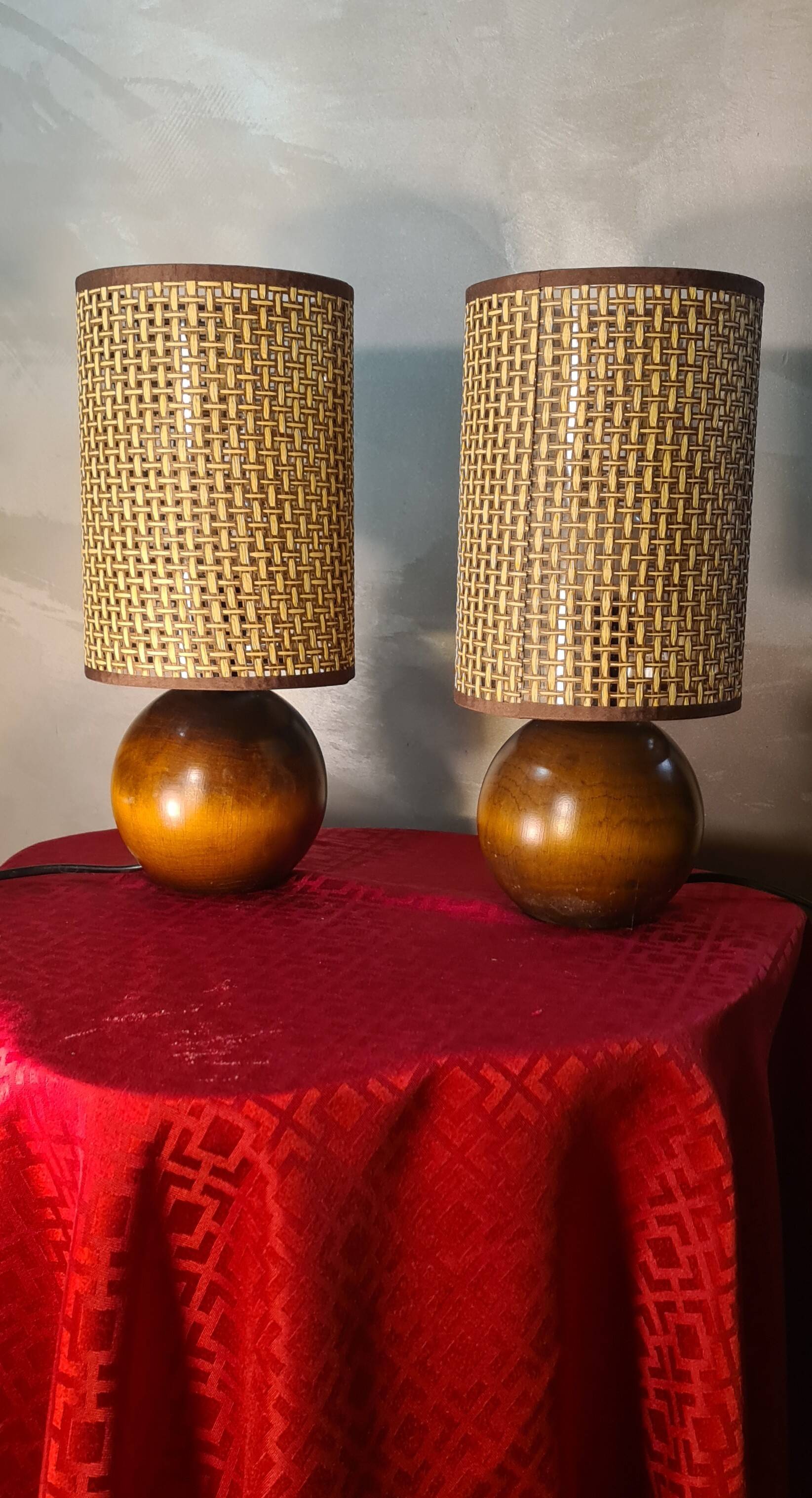 pair of Scandinavian wooden ball lamps and new lampshades 32x14 electric ok
