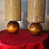 pair of Scandinavian wooden ball lamps and new lampshades 32x14 electric ok