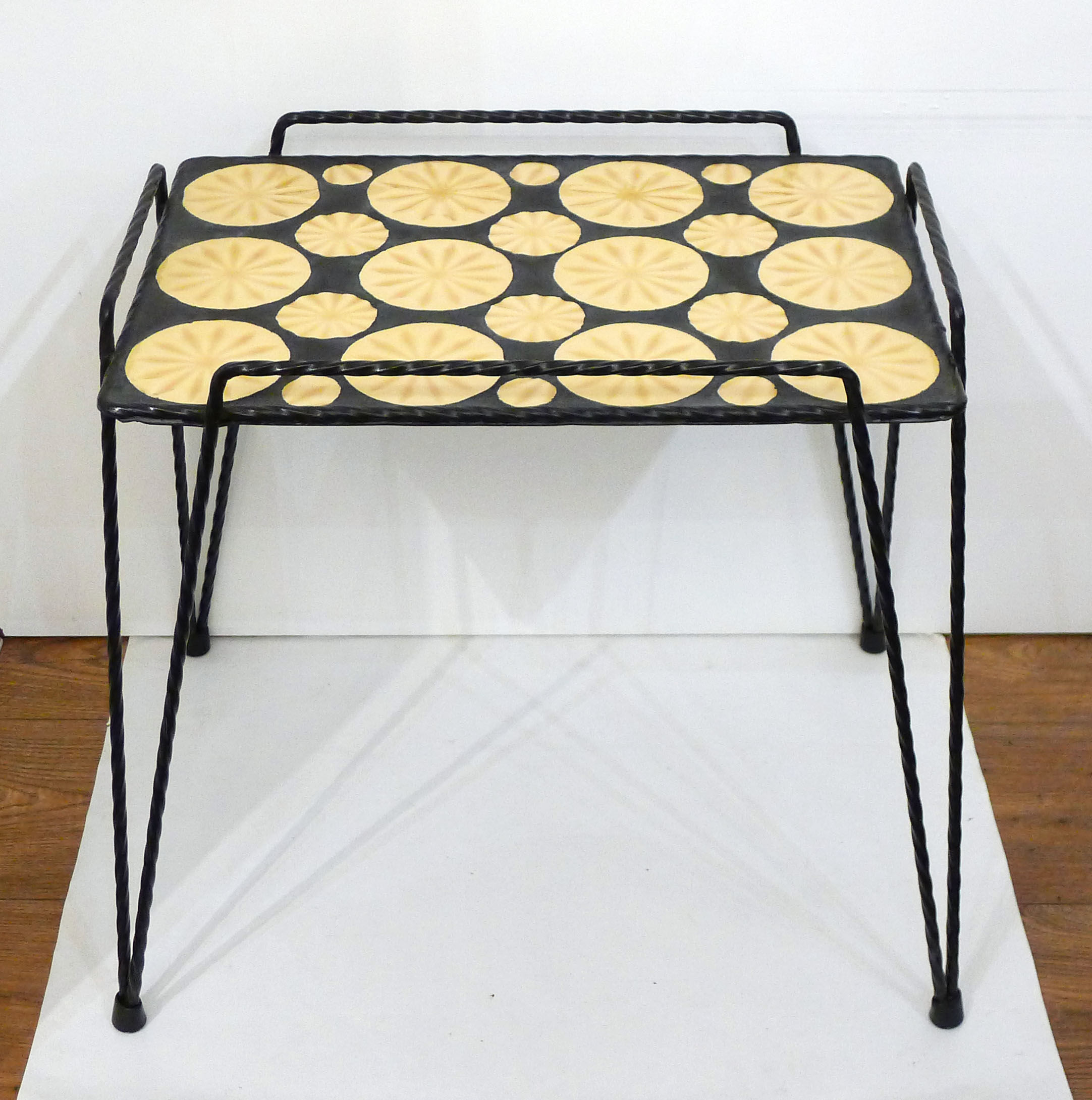 Mosaic and wrought iron side table, compass feet