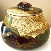 Vegetable dish, covered pot, glazed ceramic art, 1970s, signature to be identified