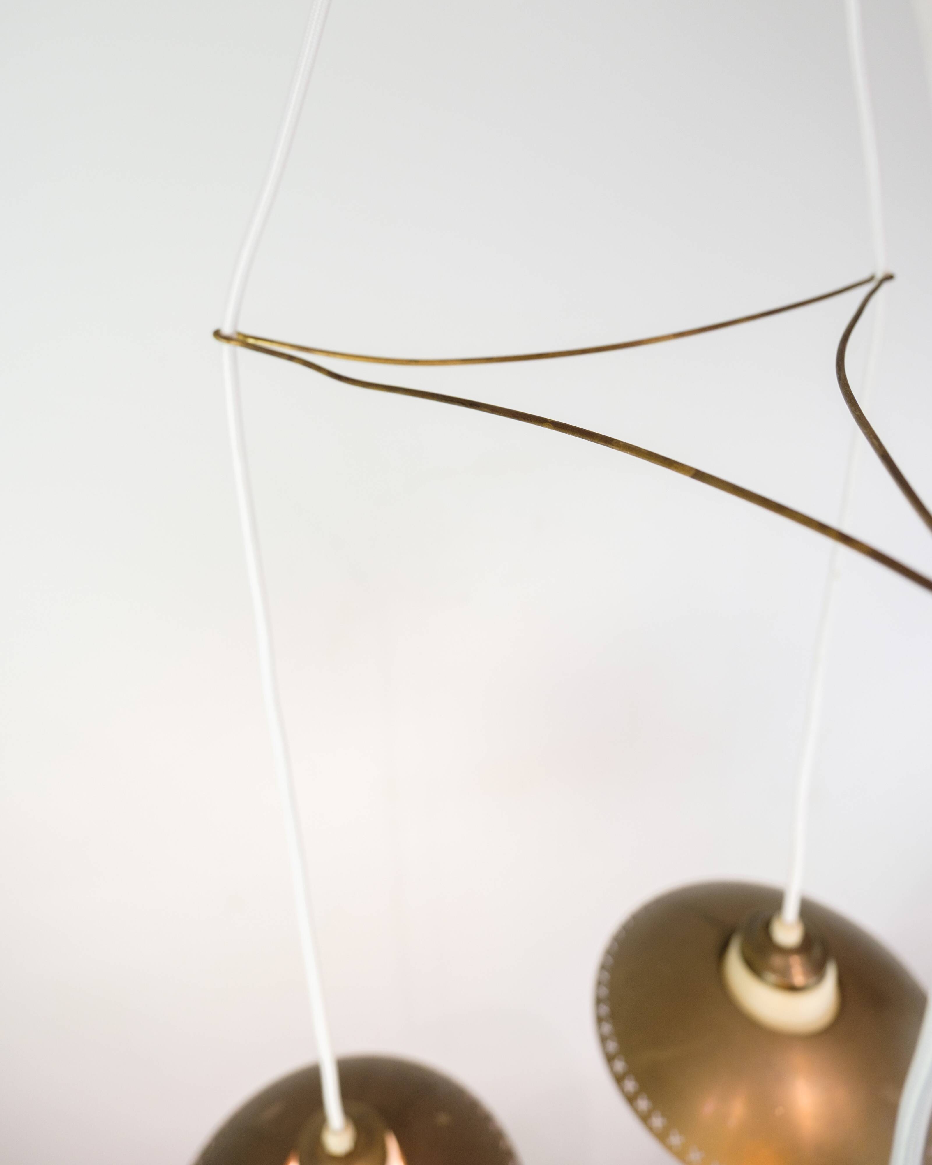 Vintage three-arm ceiling pendant – opal glass and brass – Bent Karlby –1950/60s