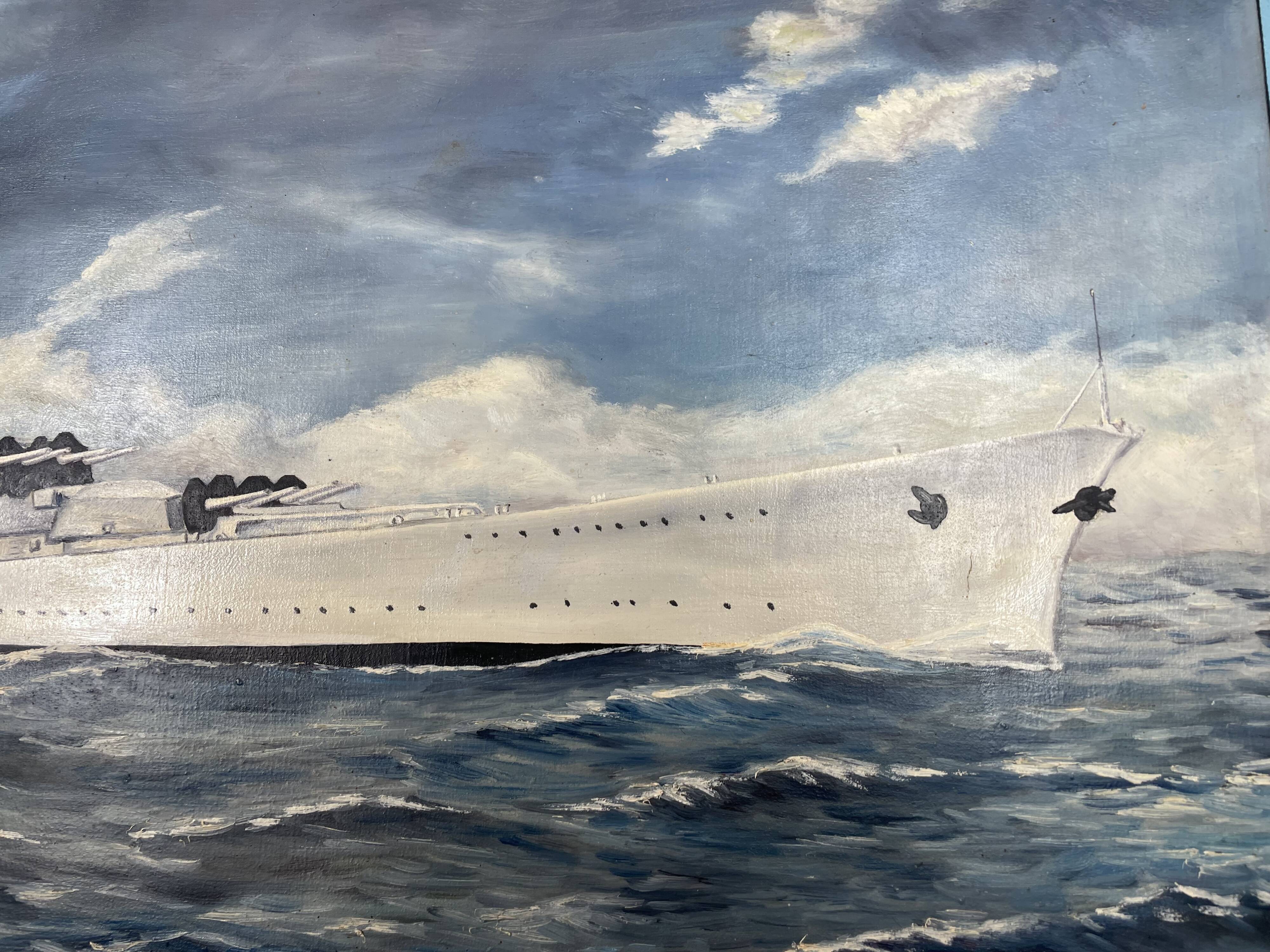 oil on canvas - Marine, Battleship on rough sea, signed Poncelet