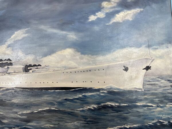 huile sur toile - Marine, Cuirassé sur mer houleuse, signé Poncelet