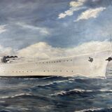 oil on canvas - Marine, Battleship on rough sea, signed Poncelet