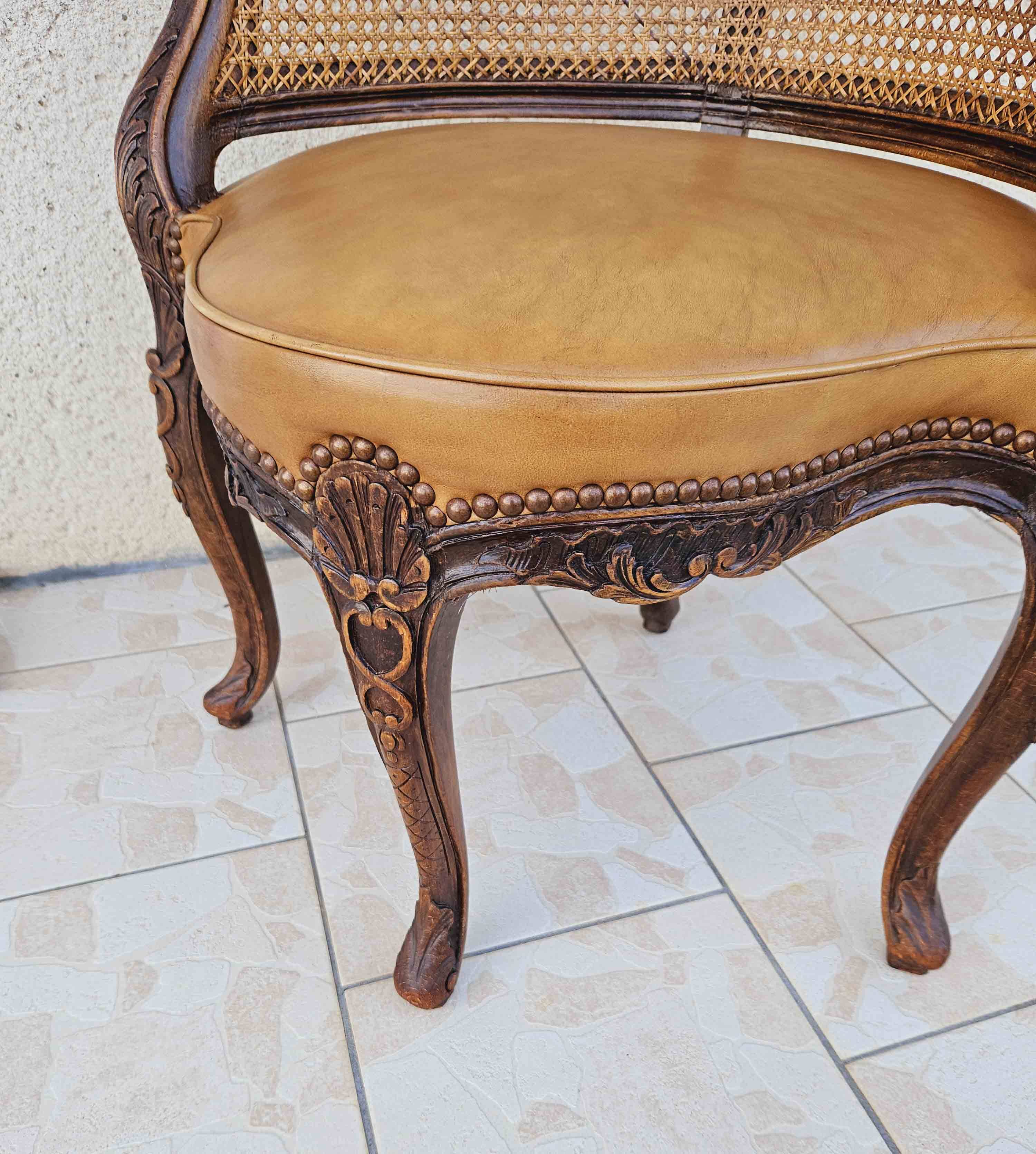 Louis xv office armchair, carved, cane, leather trimmed