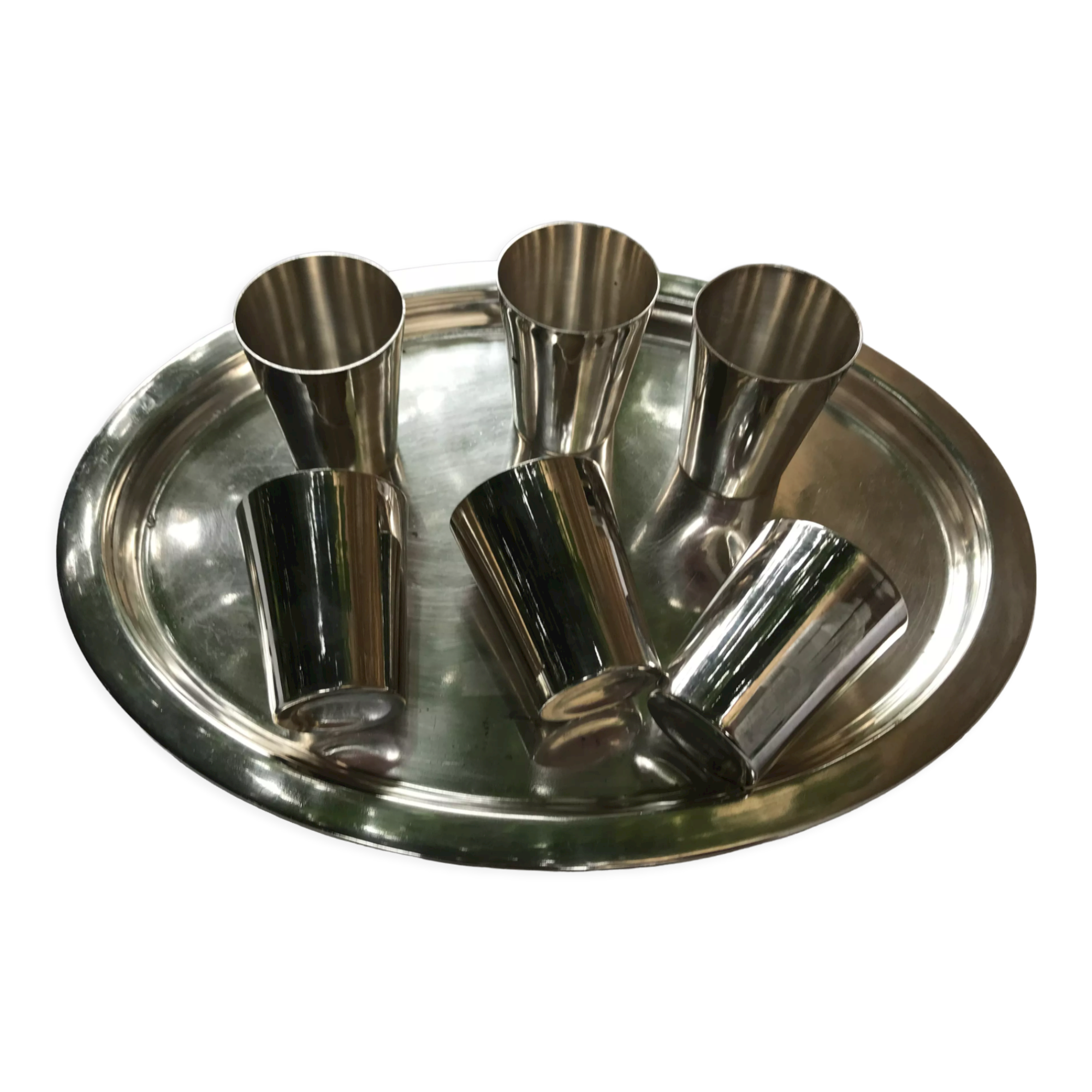 Silver Metal Liquor Service. tray and 6 cups