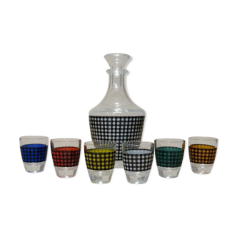 Alcohol carafe service with 6 vintage glass 60's 70's